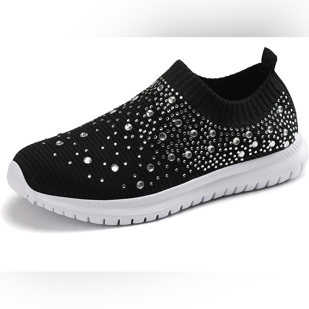 Women's Mesh Walking Shoes Rhinestone Glitter Slip Sock Sneakers size 8 1/2